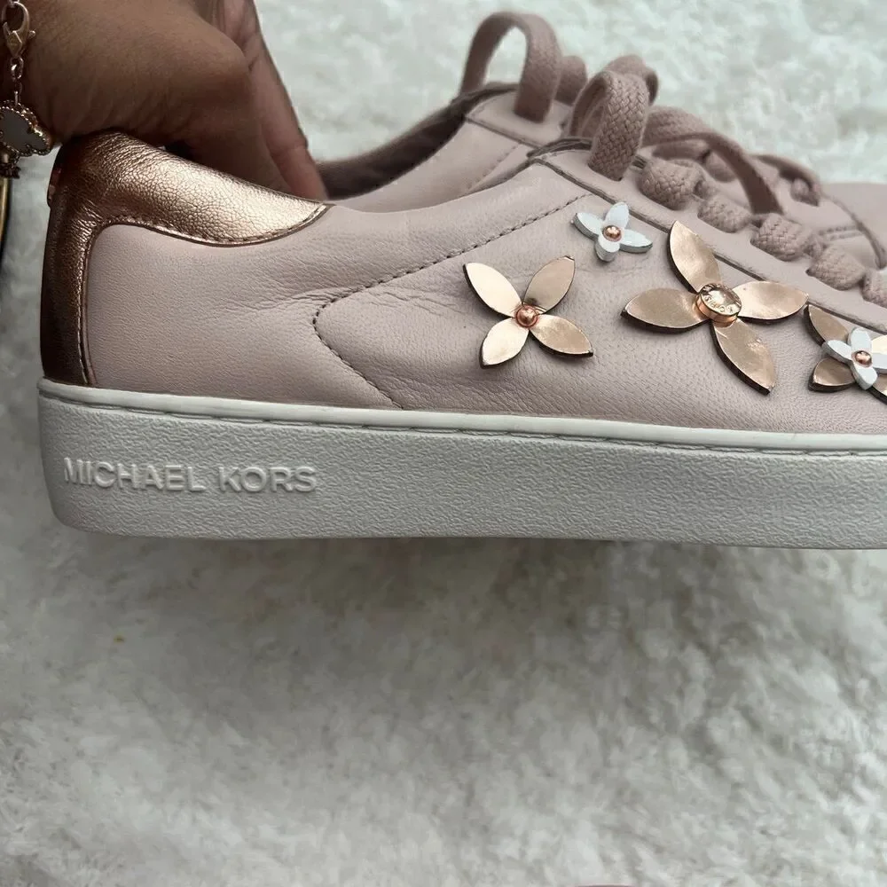NWT Michael Kors MK Lola Sneaker Rose Gold 3D Flowers Soft Pink size 37/7